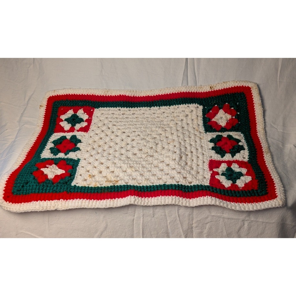 Vintage Handmade Crochet Christmas Placemat Granny Square Red Green White 19in
